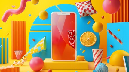 Poster - Colorful 3D Rendered Illustration of Mobile Phone with Geometric Shapes