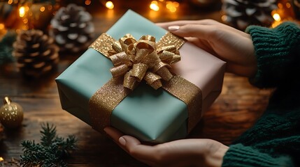 A person handing a beautifully wrapped pastel gift to a loved one, surrounded by soft glowing holiday decorations and warm lighting, creating a heartfelt and joyful moment filled with festive cheer.