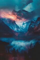 Poster - Mountain Range Covered in Mist and Snow