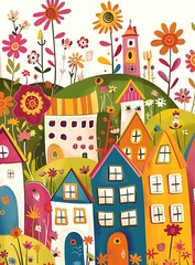 Poster - Colorful Houses with Flowers and a Clock Tower in a Green Field