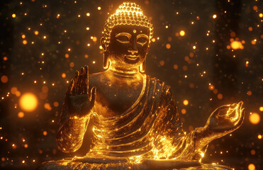 Wall Mural - Golden, glowing Buddha statue with an aura of light, floating in the air, with a lotus flower in hand.