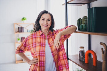 Canvas Print - Photo of positive good mood woman dressed shirt enjoying interior indoors house apartment room