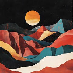 Sticker - Abstract Mountain Range With Full Moon In Night Sky