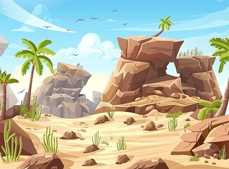 Poster - Desert Landscape with Palm Trees and Rocks