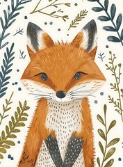 Sticker - Cute Fox Illustration with Floral Background