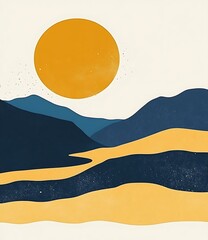 Sticker - Abstract Minimalist Mountain Landscape With Yellow Sun