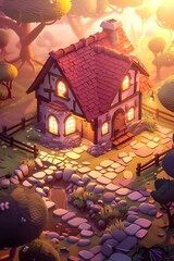 Poster - Cozy Cottage In The Woods With Stone Path And Stream