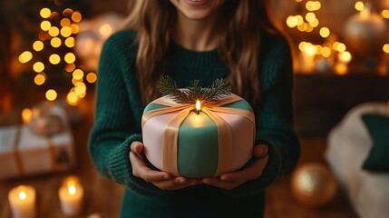 A person smiling as they hold a pastel-wrapped gift, standing in a warm living room filled with glowing pastel decorations, family warmth and the spirit of holiday tradition filling the scene.