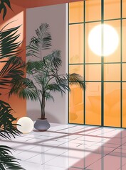 Canvas Print - Minimalist Interior Design With Palm Tree And Sun