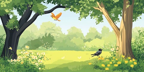 Sticker - Spring Landscape Illustration with Two Birds in the Forest