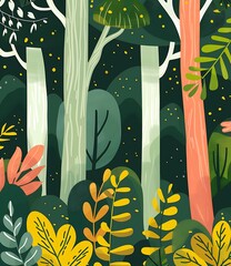 Wall Mural - Forest Illustration with Green and Yellow Leaves