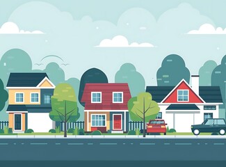 Wall Mural - Suburban Neighborhood Illustration with Houses and Cars