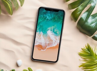 Wall Mural - Smartphone on the Sand with Beach Wallpaper