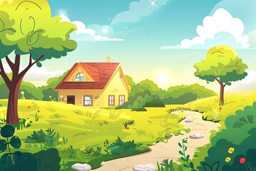 Wall Mural - Yellow House in Green Meadow Cartoon Illustration