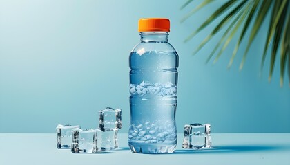 Wall Mural - Refreshing hydration scene featuring a water bottle surrounded by ice cubes on a serene light blue background