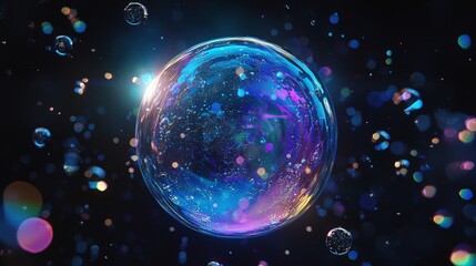 Wall Mural - A large iridescent bubble floats in a dark space