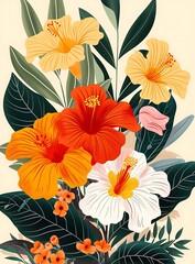 Wall Mural - Tropical Flowers Bouquet Illustration