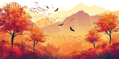 Wall Mural - Autumn Forest Landscape With Birds Flying Over Mountains