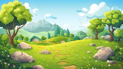 Wall Mural - Green Meadow Landscape With Mountains and Trees