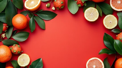 Poster - Fresh Citrus Fruits and Green Leaves on Red Background