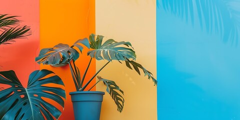 Wall Mural - Colorful Wall With Tropical Leaves