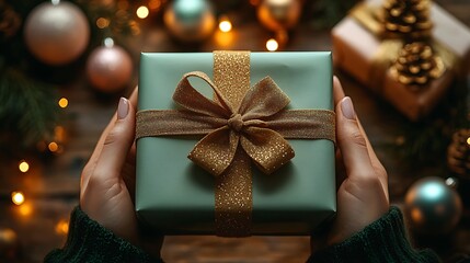 A serene holiday moment with a person holding a pastel-wrapped gift, illuminated by softly glowing pastel fairy lights, with shimmering ornaments adding a festive sparkle to the cozy scene.