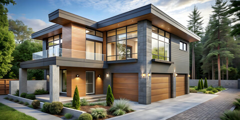 Modern two story house with gray and wood accents, large windows, parking space, surrounded by greenery