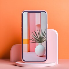 Wall Mural - Minimalist Phone Display With Plant On Stand