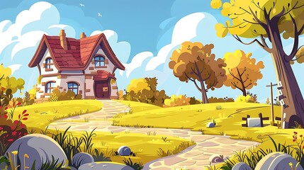 Poster - Cartoon Illustration of a House with a Path and Trees