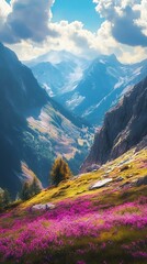 Poster - Scenic Mountain View with Wildflowers and a Hiking Trail