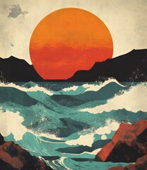 Sticker - Sunset Over the Ocean with Waves and Rocks