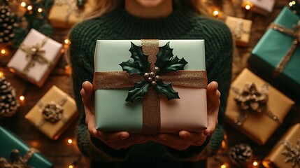 Wall Mural - A serene holiday scene with a person smiling warmly while holding a pastel-wrapped gift, surrounded by pastel-colored presents and glowing fairy lights, creating a joyful and festive atmosphere.