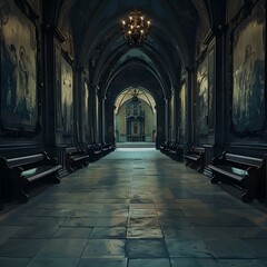 Wall Mural - Dark Hallway of a Church with Religious Paintings