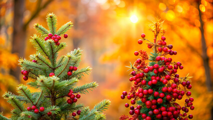 Christmas tree decorated with red berries against a backdrop of autumn berries, Christmas, tree, berries, autumn, holiday