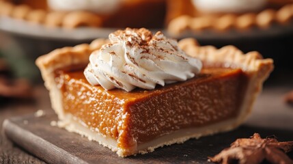 A slice of delicious pumpkin pie topped with a generous swirl of whipped cream and a sprinkle of cinnamon, showcasing a delectable autumn treat on a rustic wooden board.