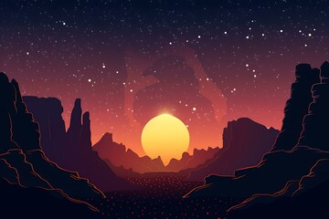 Wall Mural - mountain landscape with a big sun in the sky and stars