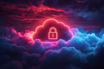 Neon cloud with a padlock symbol, representing data security and cloud storage.