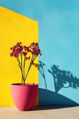 Wall Mural - Pink Potted Plant Against Yellow and Blue Wall