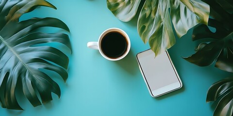 Poster - Flat Lay of Coffee, Phone, and Green Leaves on Blue Background