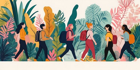 Wall Mural - Group of Diverse People Walking Through Lush Foliage