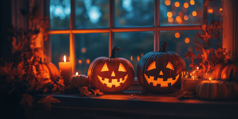 Halloween pumpkins with candles on the windowsill against the window at night, Halloween-eve lighting, warm color.  Spooky autumn holiday concept.  Autumn decorations and foliage.