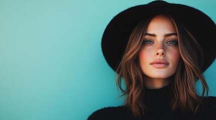 A fashionable woman in a black hat stands against a vibrant blue backdrop, showcasing modern style and a relaxed, confident appearance, perfect for an editorial fashion piece.