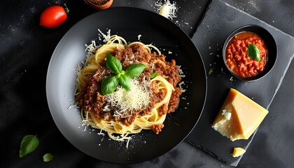 Wall Mural - Elegant spaghetti bolognese adorned with rich tomato sauce, delicate parmesan, and fresh basil leaves on a sleek black plate