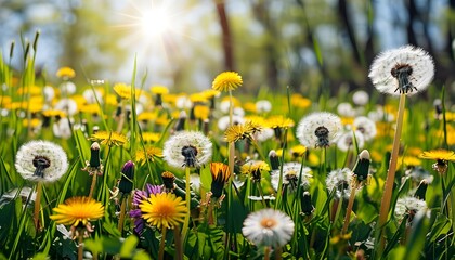 Poster - Vibrant wildflower meadow adorned with sunny dandelions under a clear blue sky in springtime