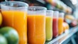 © JoxyAimages - A vibrant display of various freshly squeezed fruit juices in clear plastic cups, showcasing a range of colors, flavors, and freshness available at a juice bar or market stand.