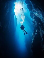 Wall Mural - Diver exploring a sunlit underwater cave in crystal clear waters during a serene afternoon