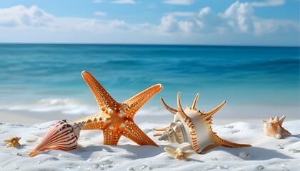 Wall Mural - Serene white sand beach adorned with starfish and conch shells against a vibrant blue sea backdrop