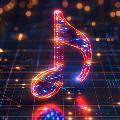 Wall Mural - Colorful digital music note on a glowing grid background.