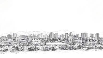 Kaesong, North Korea, black and white pen pencil hand-drawn effect drawing illustration for travel poster, card, wallpaper, backdrop or banner. Modern, clear, artistic and simple