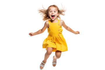 a cheerful little girl with pigtails, laughing and jumping in the air, dressed in a playful summer o